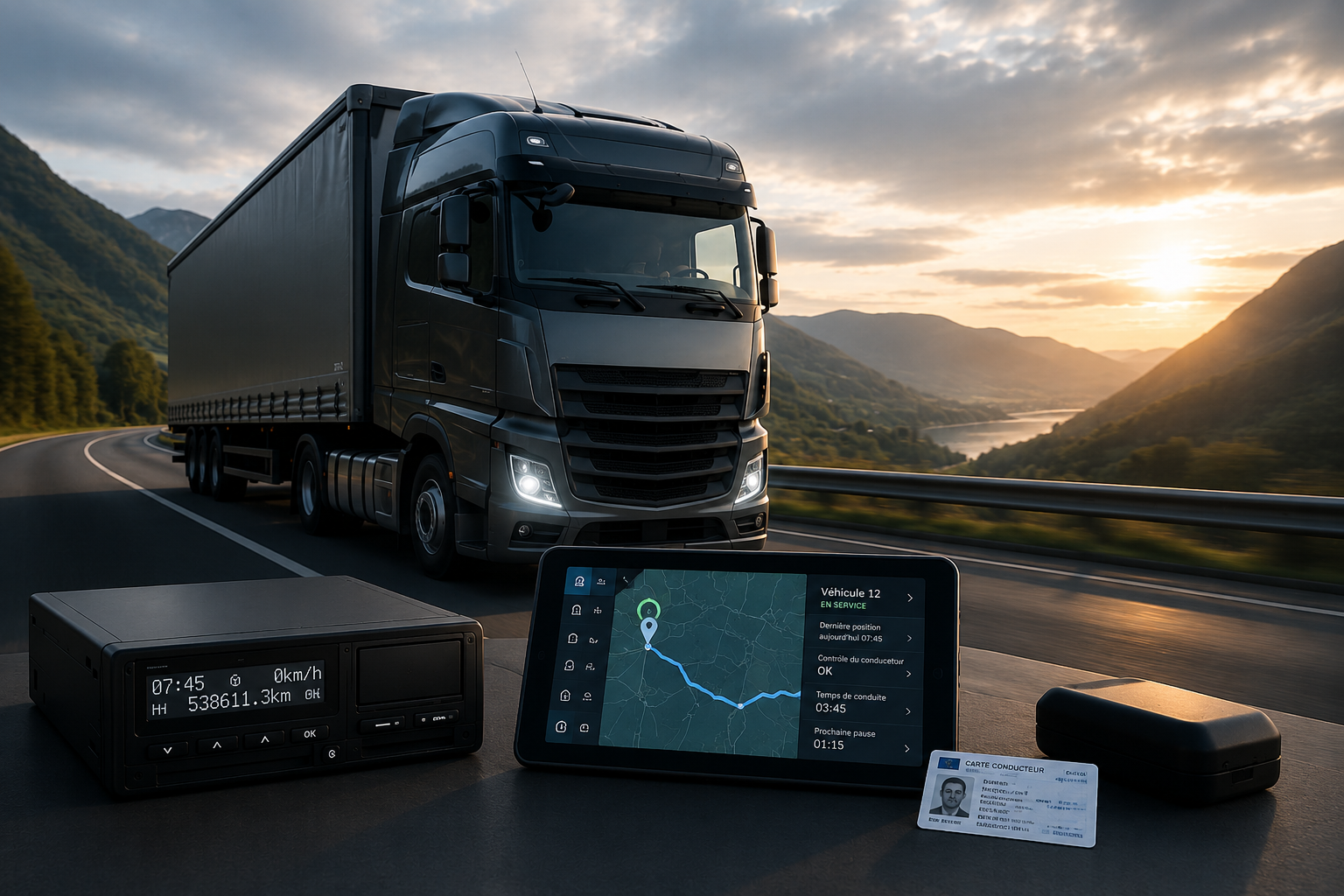 Camion professionnel équipé d’une solution de suivi de flotte et d’un tachygraphe