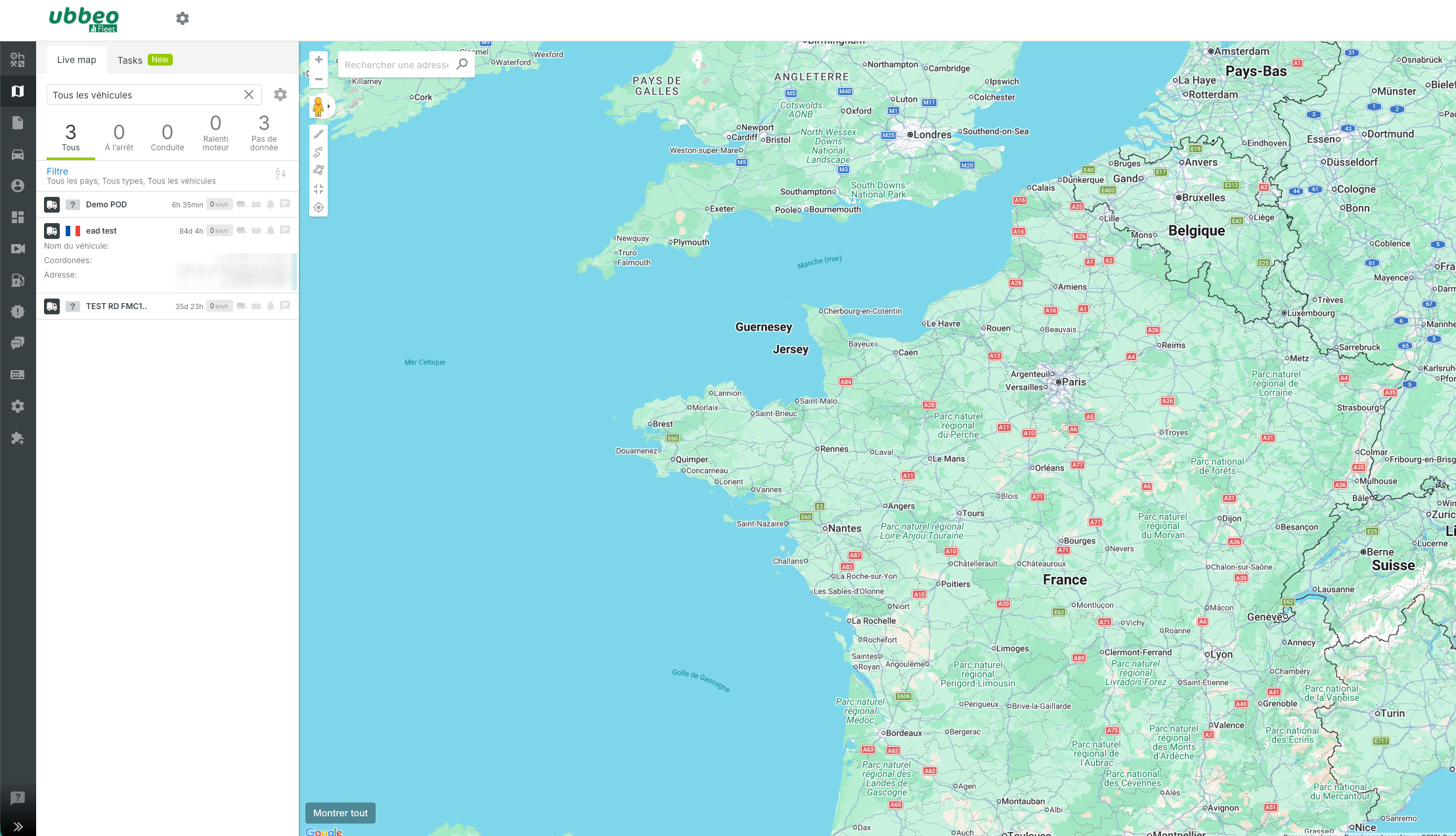 Interface Ubbeo Fleet pour la géolocalisation et le suivi de flotte