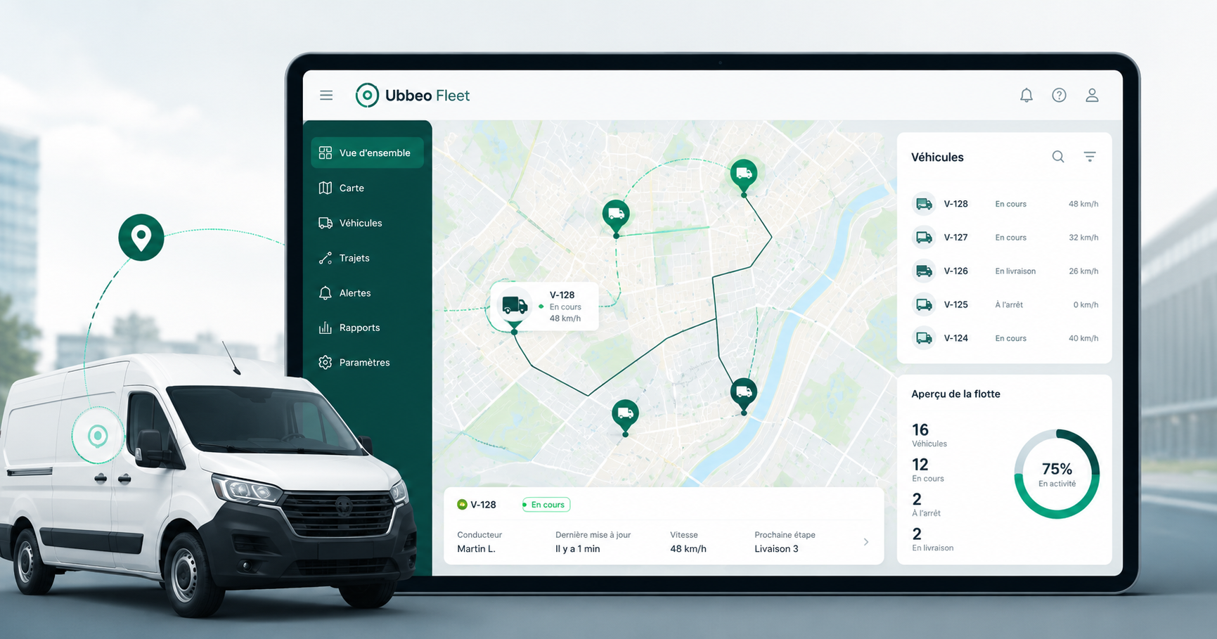 Interface Ubbeo Fleet affichant la géolocalisation de véhicules professionnels sur une carte