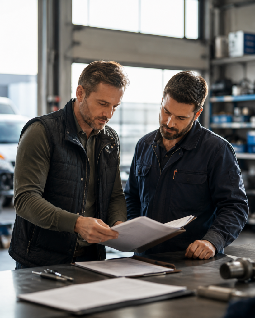 Responsable d’atelier et technicien préparant le lancement d’une nouvelle activité réglementée