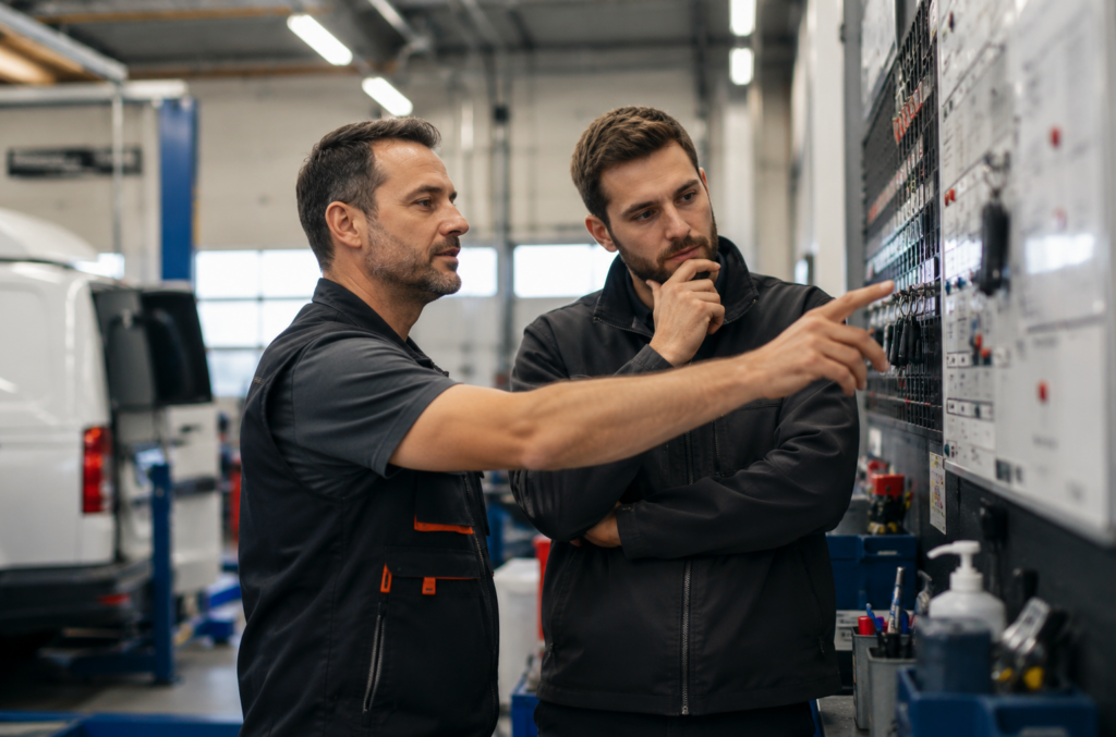 Deux techniciens vérifient les procédures et les équipements dans un atelier automobile
